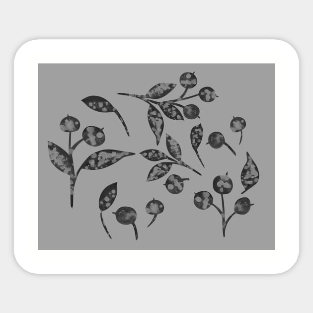 Winter snow-covered berries. Hand drawn watercolor blueberries and leaves clipart on grey background. Perfect for greeting card, postcard, poster, logo, textile, fabric, packaging, wrapping paper. Sticker by Olesya Pugach